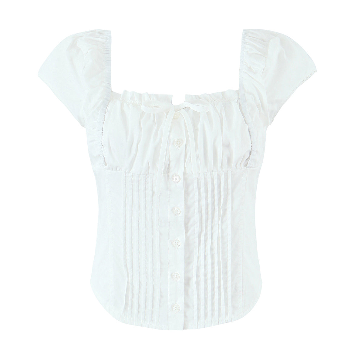 Sexy Square Collar Lace up White Shirt Women Slim Fit Pleated Short Small Top