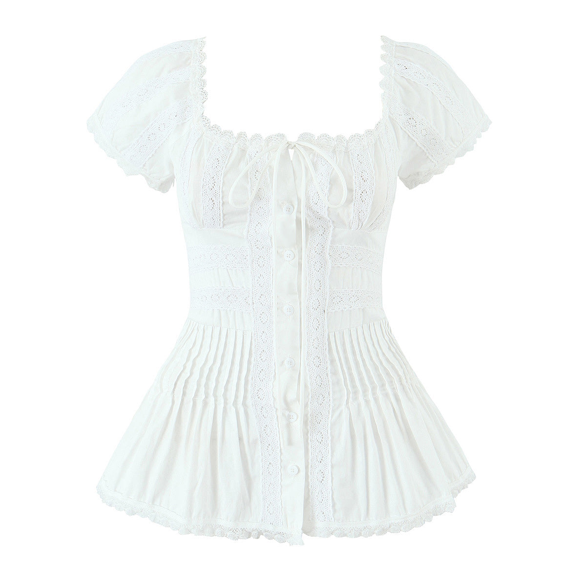 Sweet Refined Handmade Lace Stitching Short Sleeve Shirt French Square Collar Sexy Slim Fit Small Top