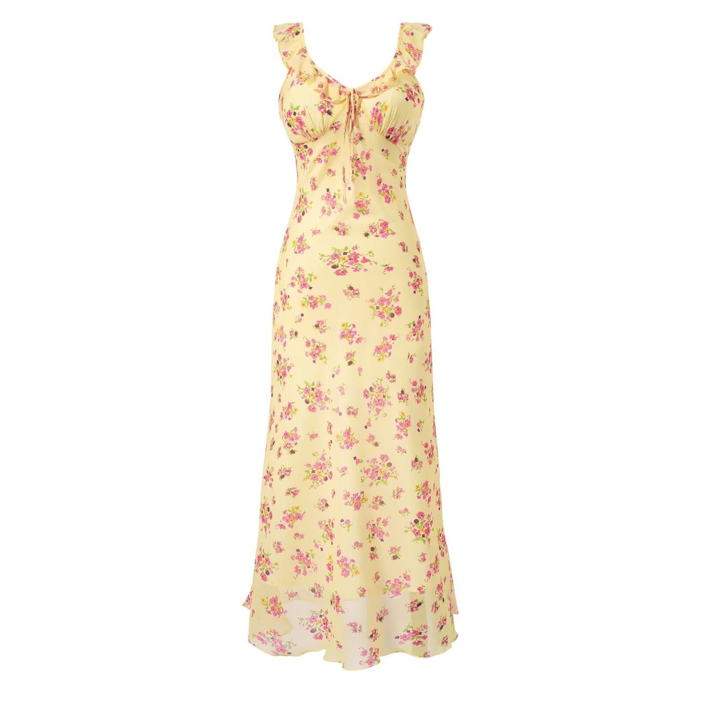 V neck Ruffled Bow Tie Shoulder Floral Suspender Tight Waist Slim Seaside Vacation Dress