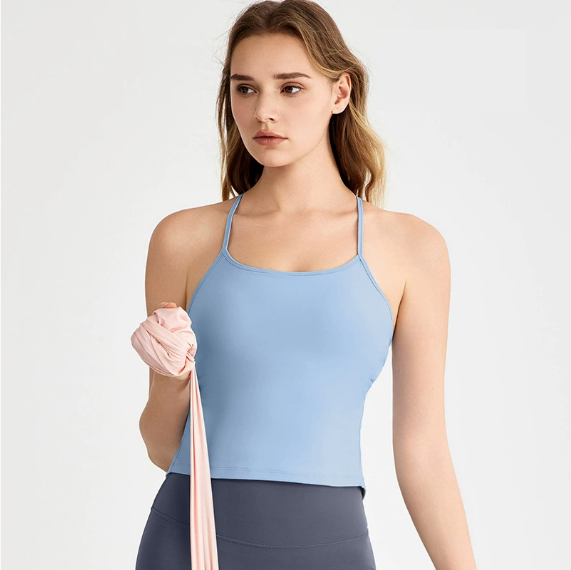 Spring Summer Cool Feeling Spaghetti Strap Yoga Vest Women Beauty Back Dovetail Split Sling Fixed Cup Breathable Workout Clothes Top