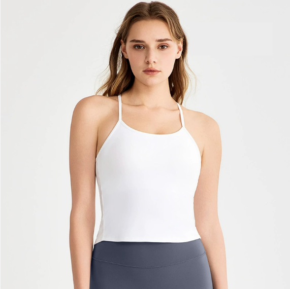 Spring Summer Cool Feeling Spaghetti Strap Yoga Vest Women Beauty Back Dovetail Split Sling Fixed Cup Breathable Workout Clothes Top