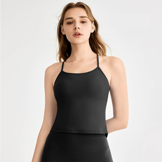 Spring Summer Cool Feeling Spaghetti Strap Yoga Vest Women Beauty Back Dovetail Split Sling Fixed Cup Breathable Workout Clothes Top