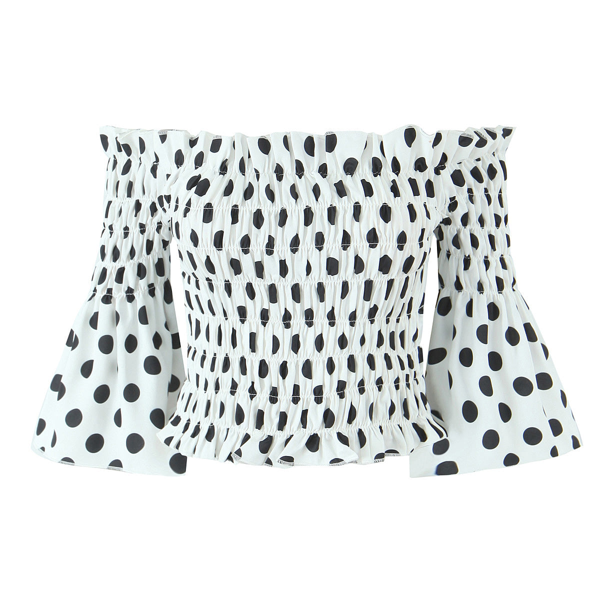 Spring Pleated Elastic Slim Fit off Neck Polka Dot Printed Ruffle Top Shirt