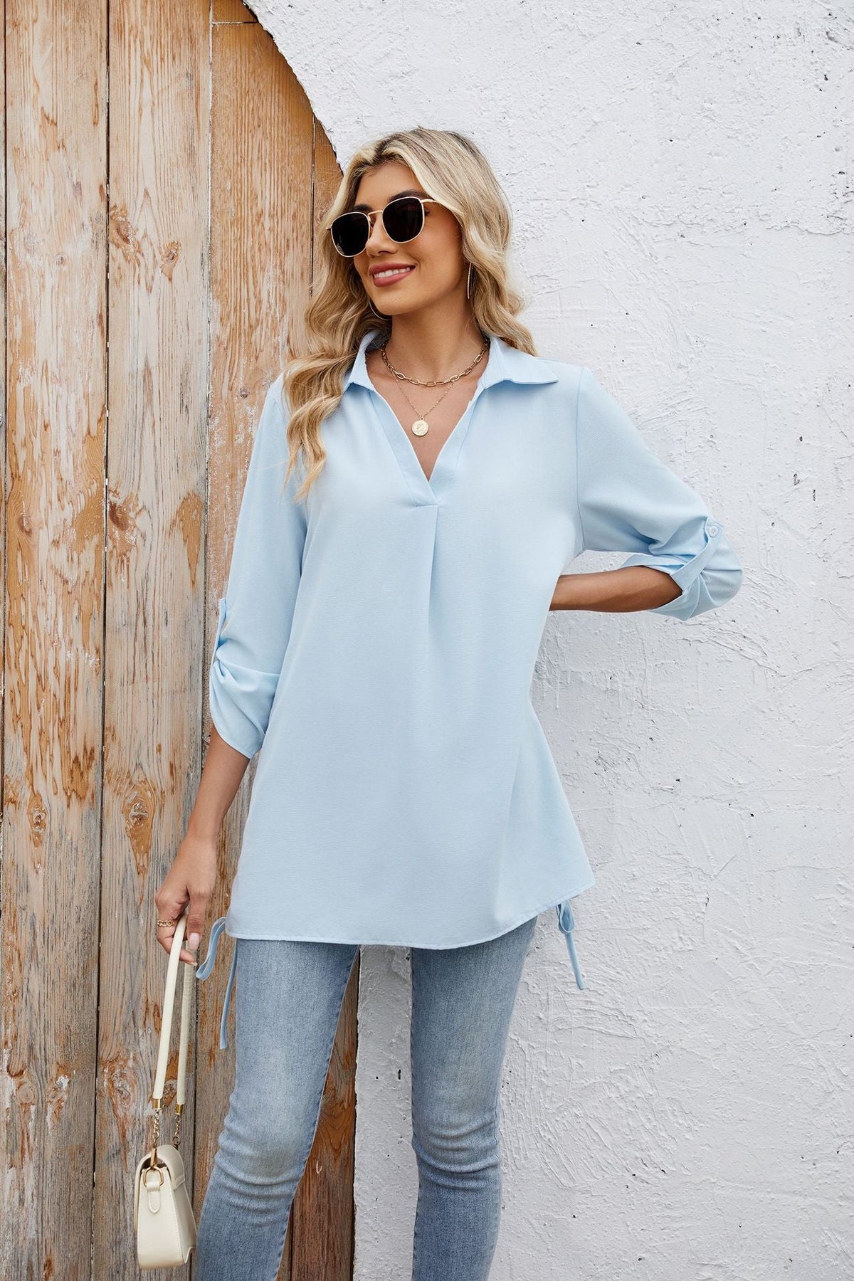 Spring Summer Solid Color Polo Collar Loose Half Sleeve Shirt Chiffon Blouses Women