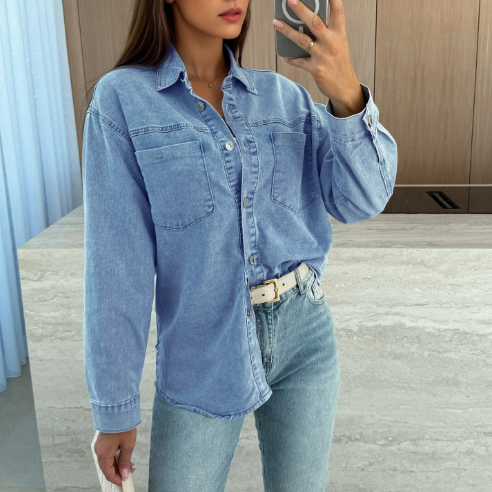 Women Clothing Sleeveless Pleated Stretch Denim Long Sleeved Tops