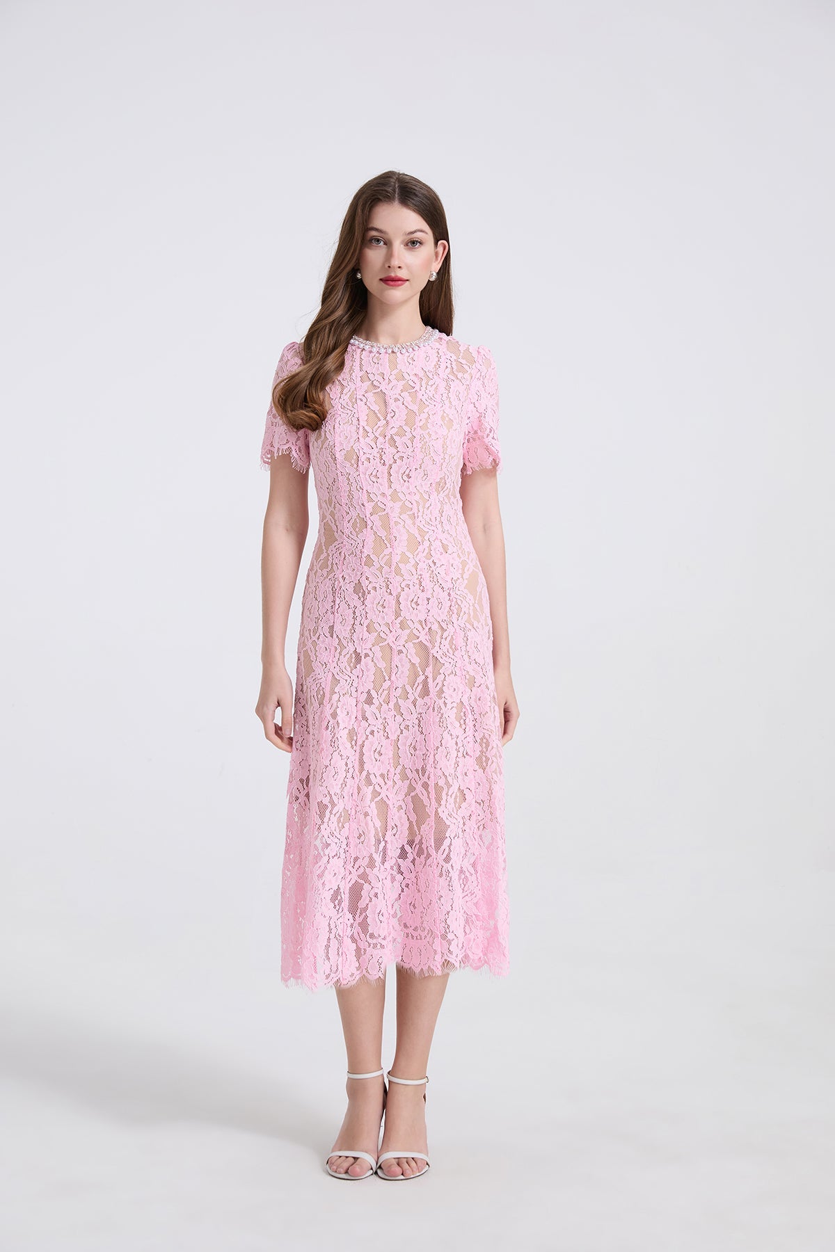 Spring And Summer Elastic Lace Pearl And Diamond Decorated Round Neck Short Sleeve Dress Slim A Line Dress