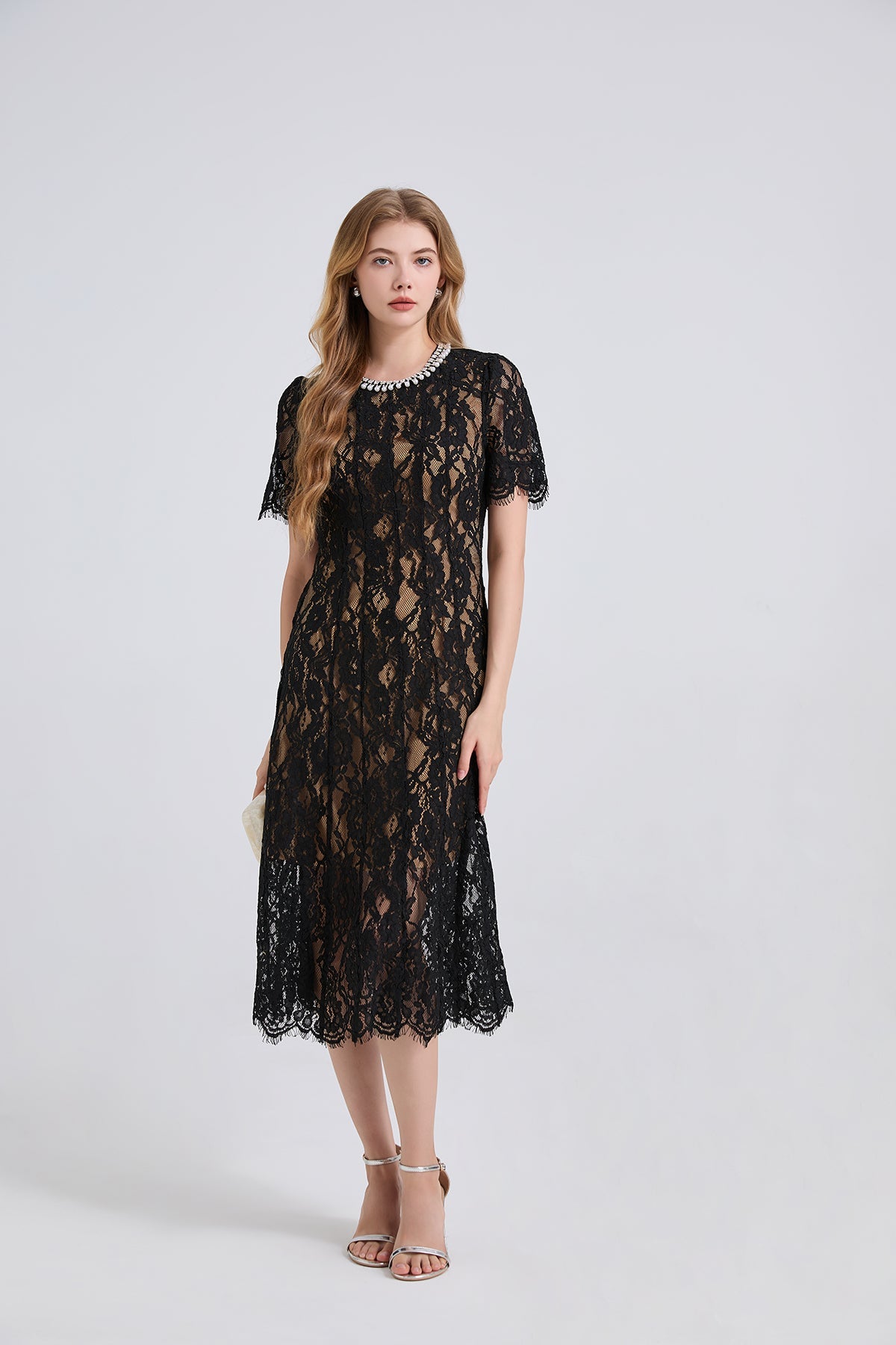 Spring And Summer Elastic Lace Pearl And Diamond Decorated Round Neck Short Sleeve Dress Slim A Line Dress