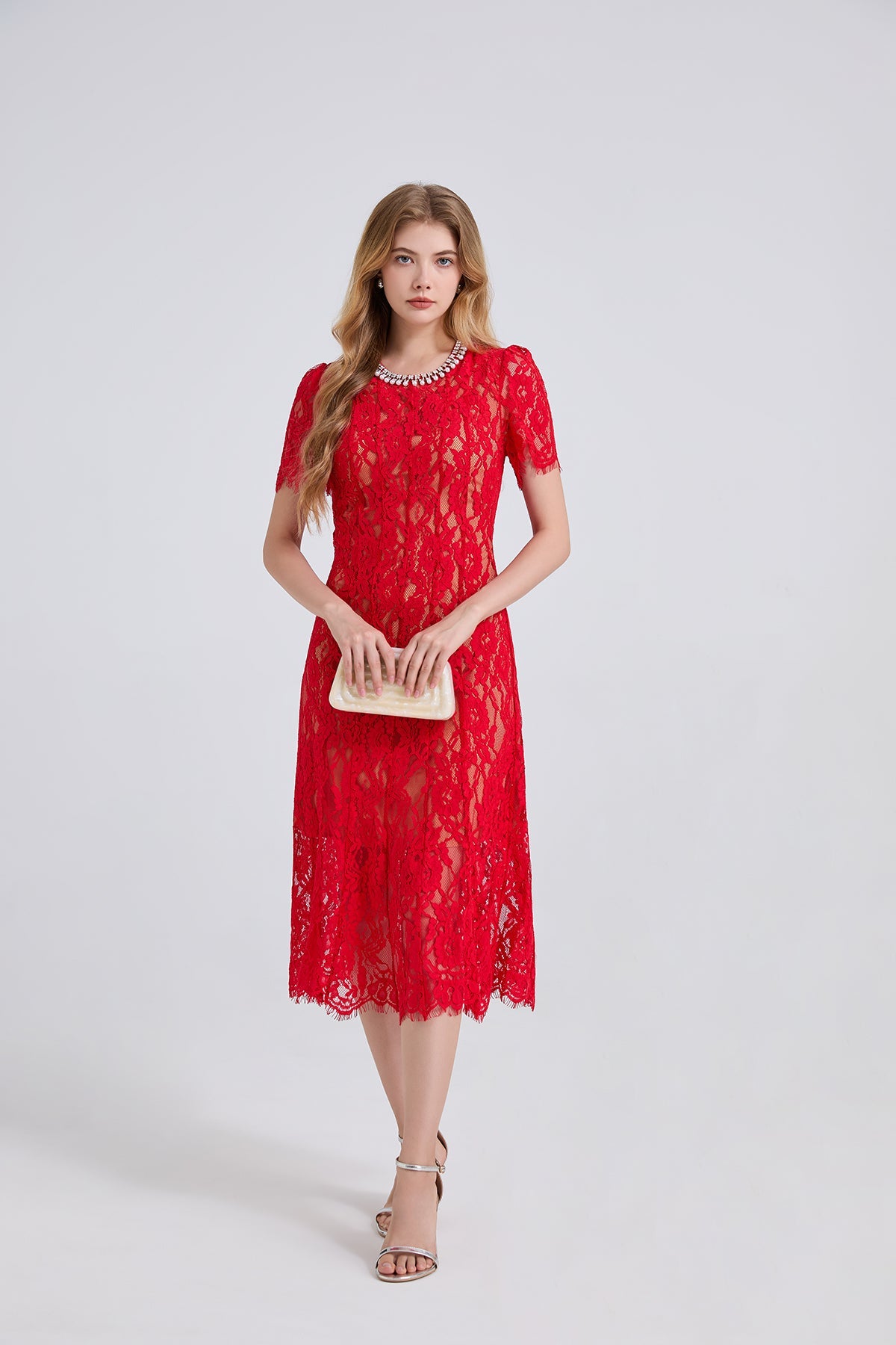 Spring And Summer Elastic Lace Pearl And Diamond Decorated Round Neck Short Sleeve Dress Slim A Line Dress