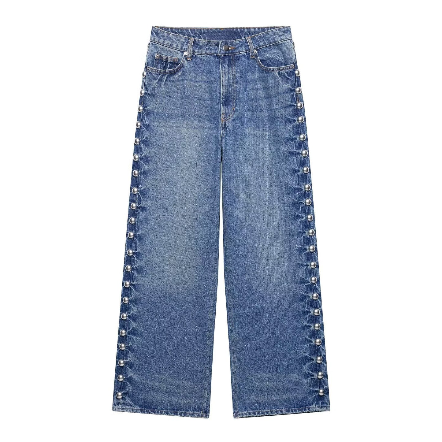 Women Clothing Summer Street Design Rivet Denim Straight Leg Pants