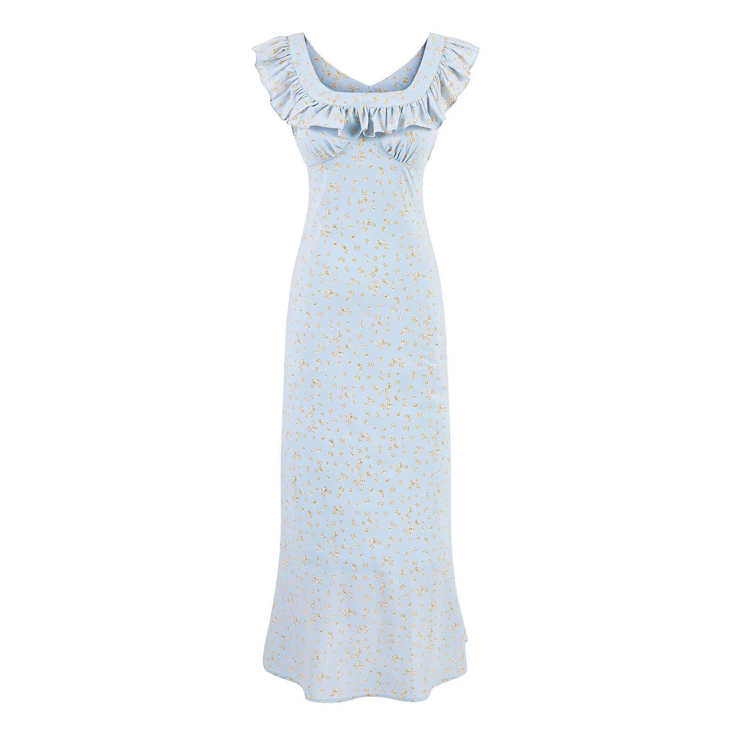 Vintage Floral Mid Length Lace Skirt Sexy Slim Ruffle Collar Summer Vacation Spaghetti Straps Dress