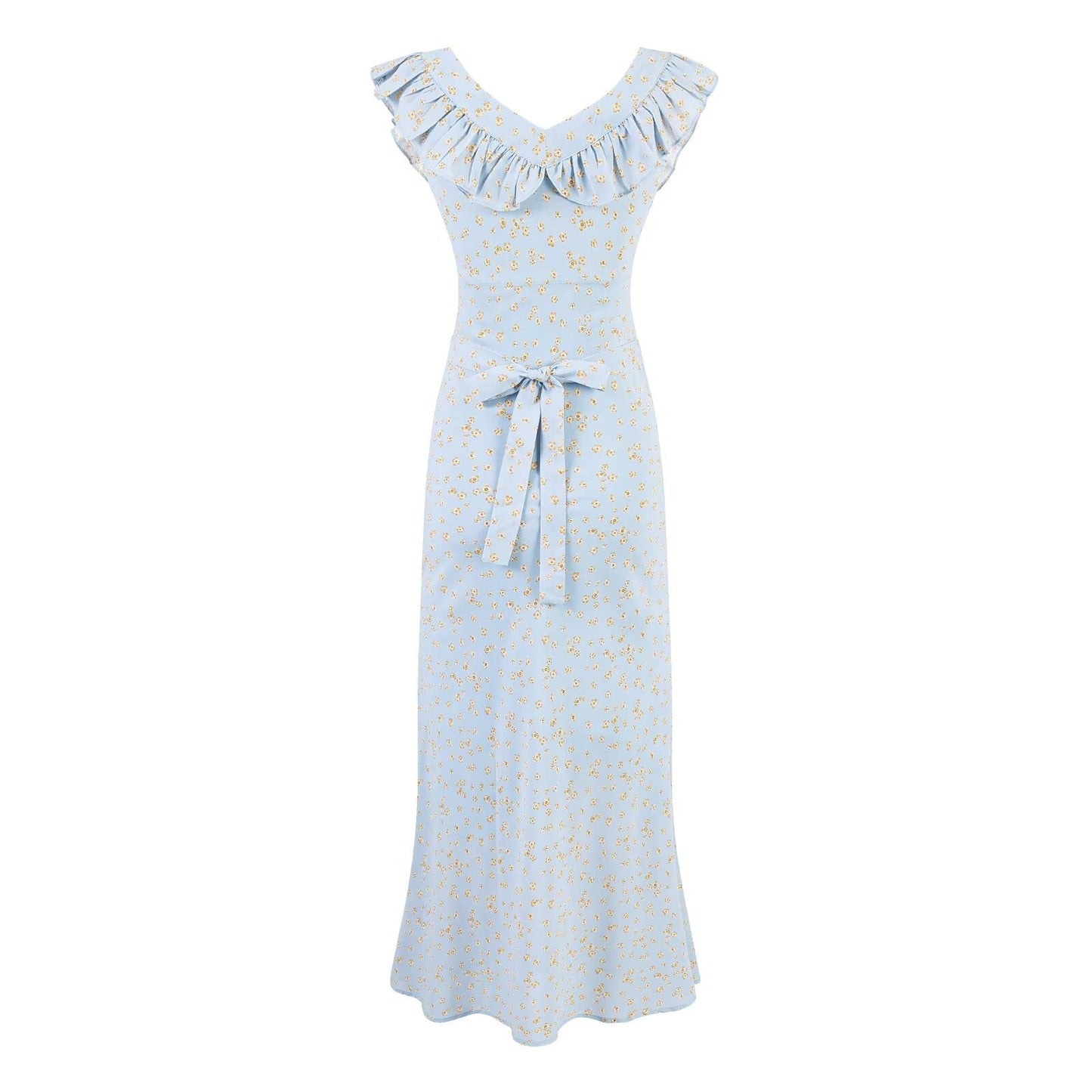 Vintage Floral Mid Length Lace Skirt Sexy Slim Ruffle Collar Summer Vacation Spaghetti Straps Dress