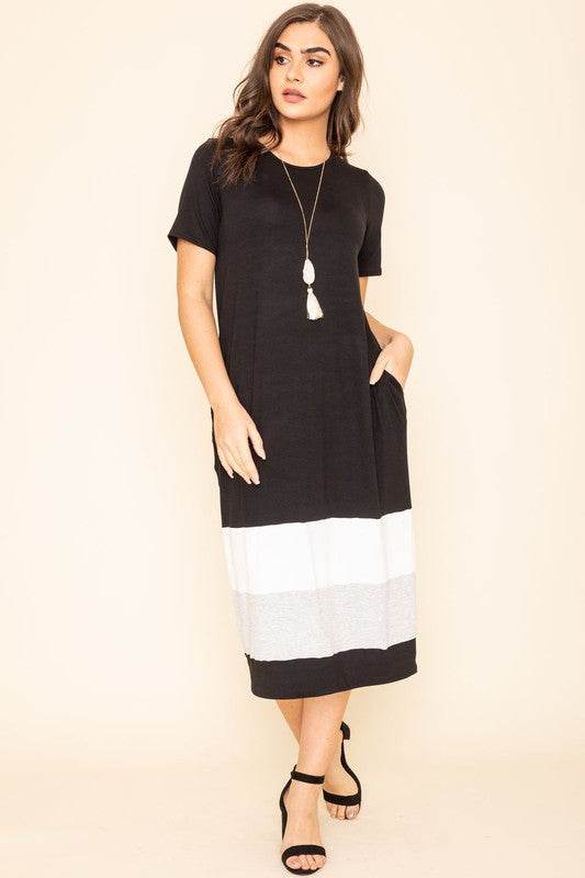 Plus Color Block Calf Length Dress