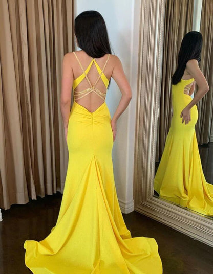 Spaghetti strap yellow mermaid prom dress,long backless formal gown
