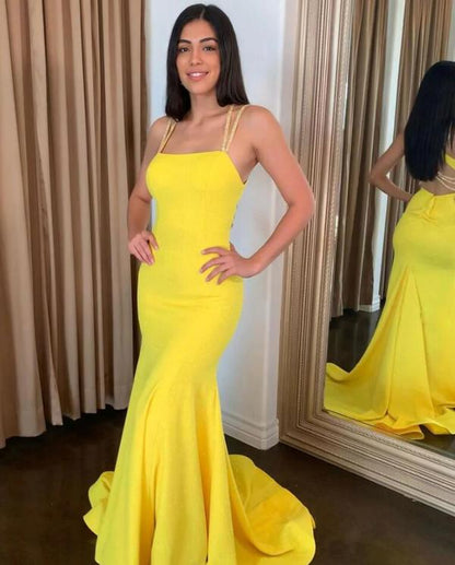 Spaghetti strap yellow mermaid prom dress,long backless formal gown