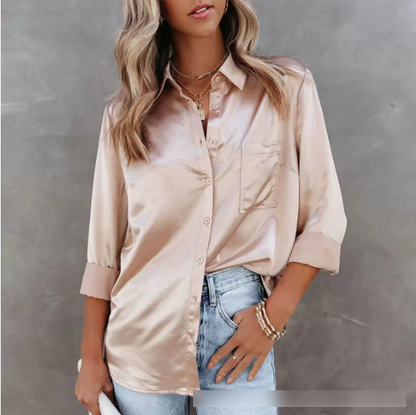 Spring Summer Solid Color Long Sleeve Office Collared Long Sleeve Shirt Solid Color Cardigan Satin Shirt