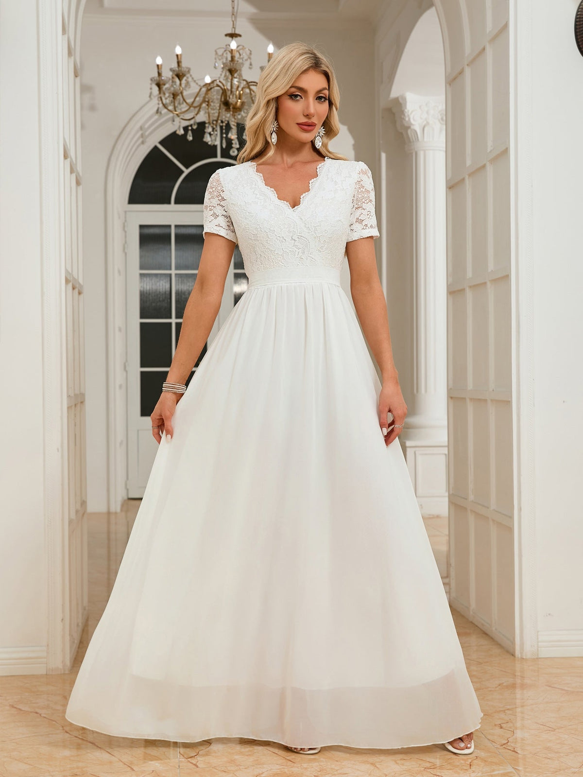 Women Clothing Short Sleeve V neck Slim Fit Dress Dinner Formal Dress