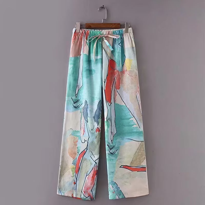 Women Clothing High Waist Lace up Abstract Watercolor Printing Loose Casual Wide Leg Pants Straight