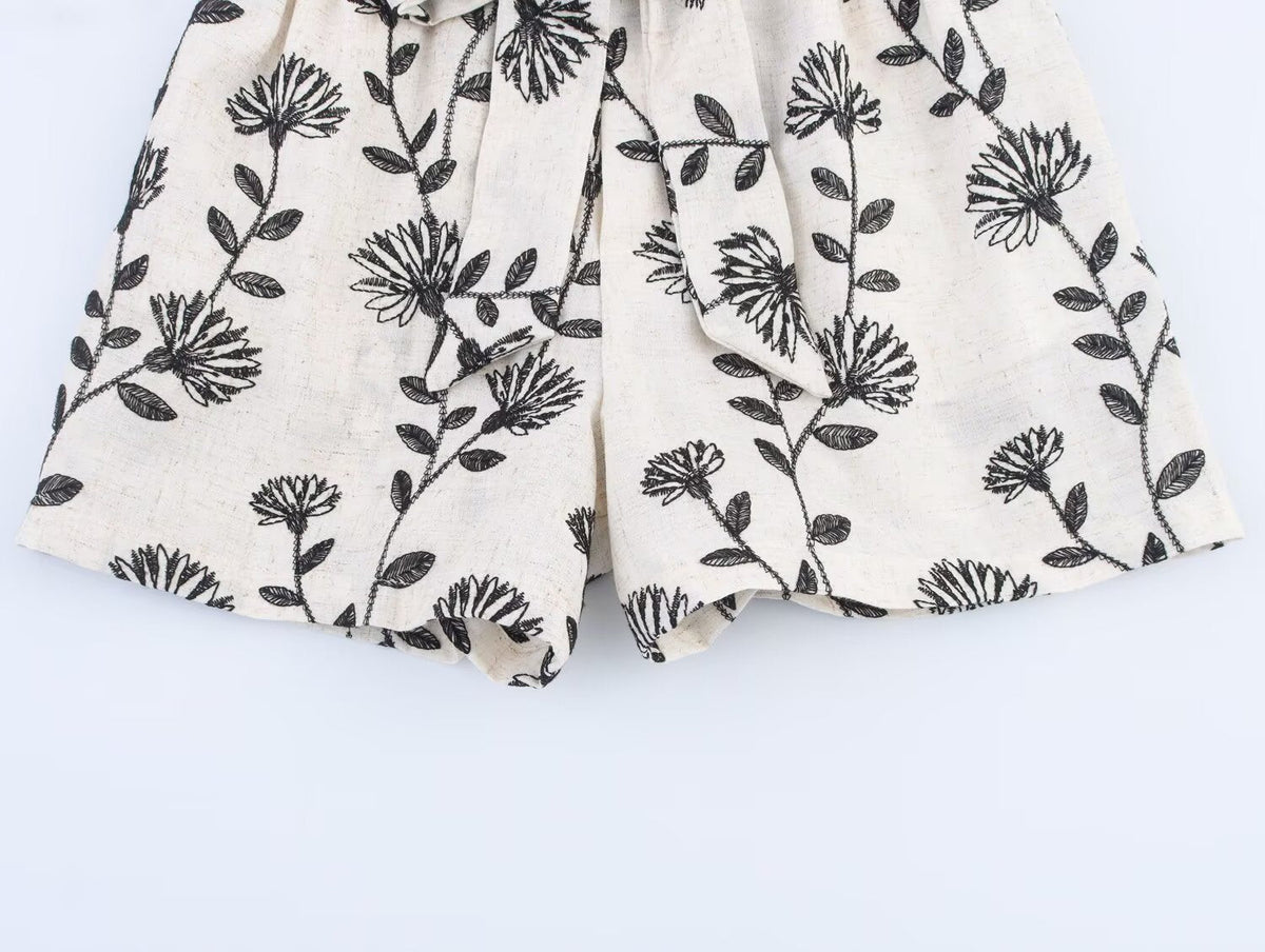 Women Clothing Summer Elegant High Waist Embroidered Paper Bag Casual Shorts