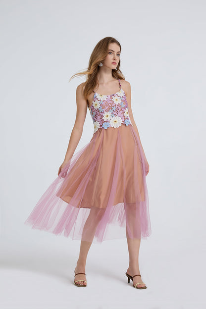 Women Summer Lace Embroidered Spaghetti Strap Patchwork Chiffon Maxi Dress