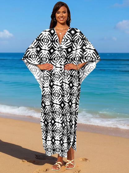 Rayon Print Holiday Beach Dress Women Sun Protective Clothing Loose Robe Beach Cover Up