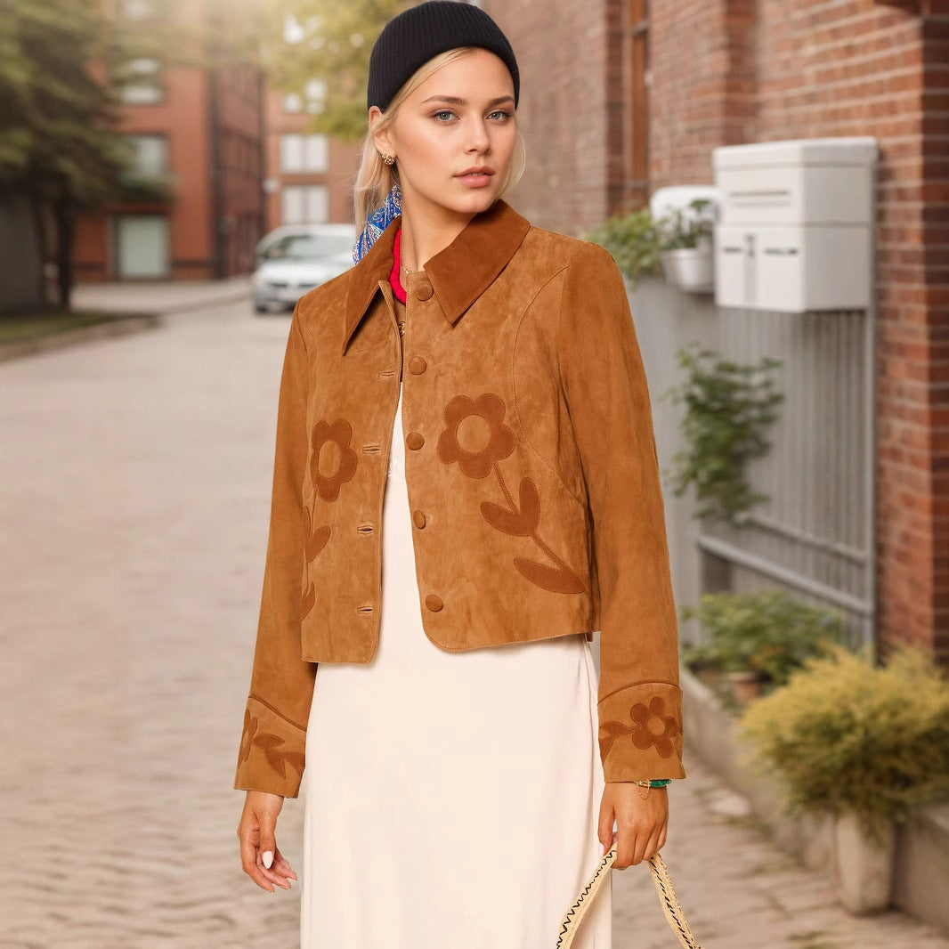 Elegant Retro Suede Floral Exquisite Decoration Embellished Collared Design Fashionable All Match Short Coat