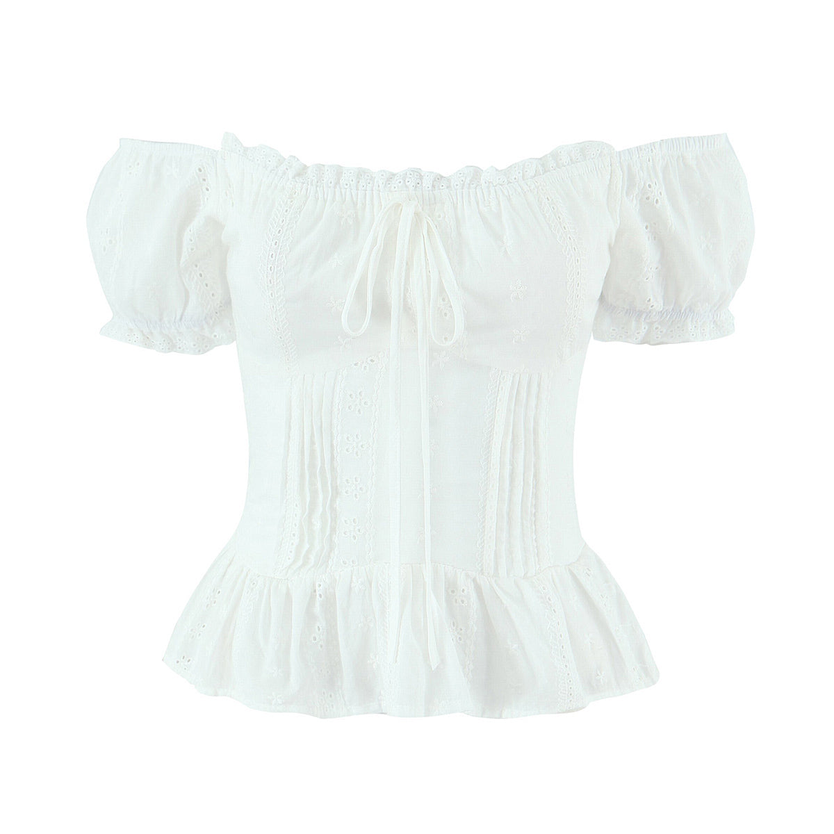 Sexy White off Shoulder Square Collar Lace Embroidered Single Breasted Short Sleeve Slim Shirt
