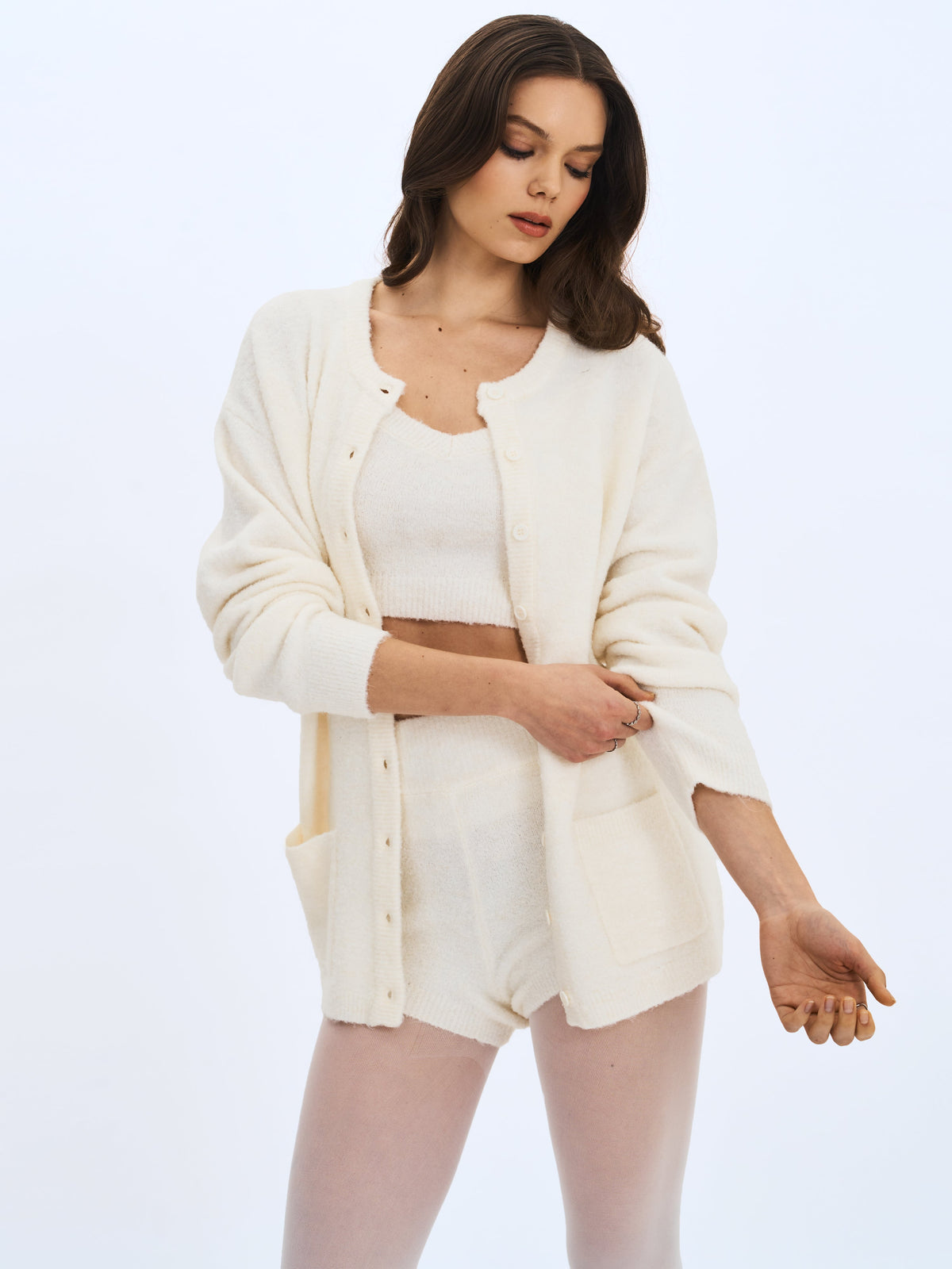 Selene White Wool-Blend Ribbed Knit V-Neck Top