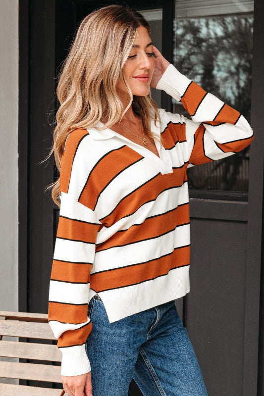 Valeria Stripe Ribbed Polo Collar Drop Shoulder Sw