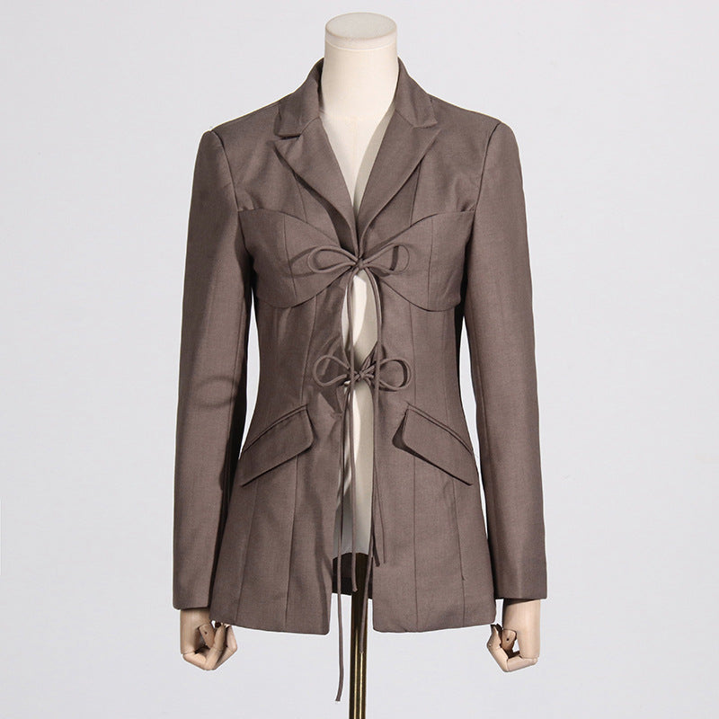 Spring Sexy V Neck Lace-up Hollow Out Cutout Waist Irregular Asymmetric Stitching Design Blazer for Women