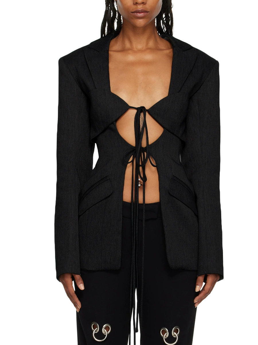 Spring Sexy V Neck Lace-up Hollow Out Cutout Waist Irregular Asymmetric Stitching Design Blazer for Women