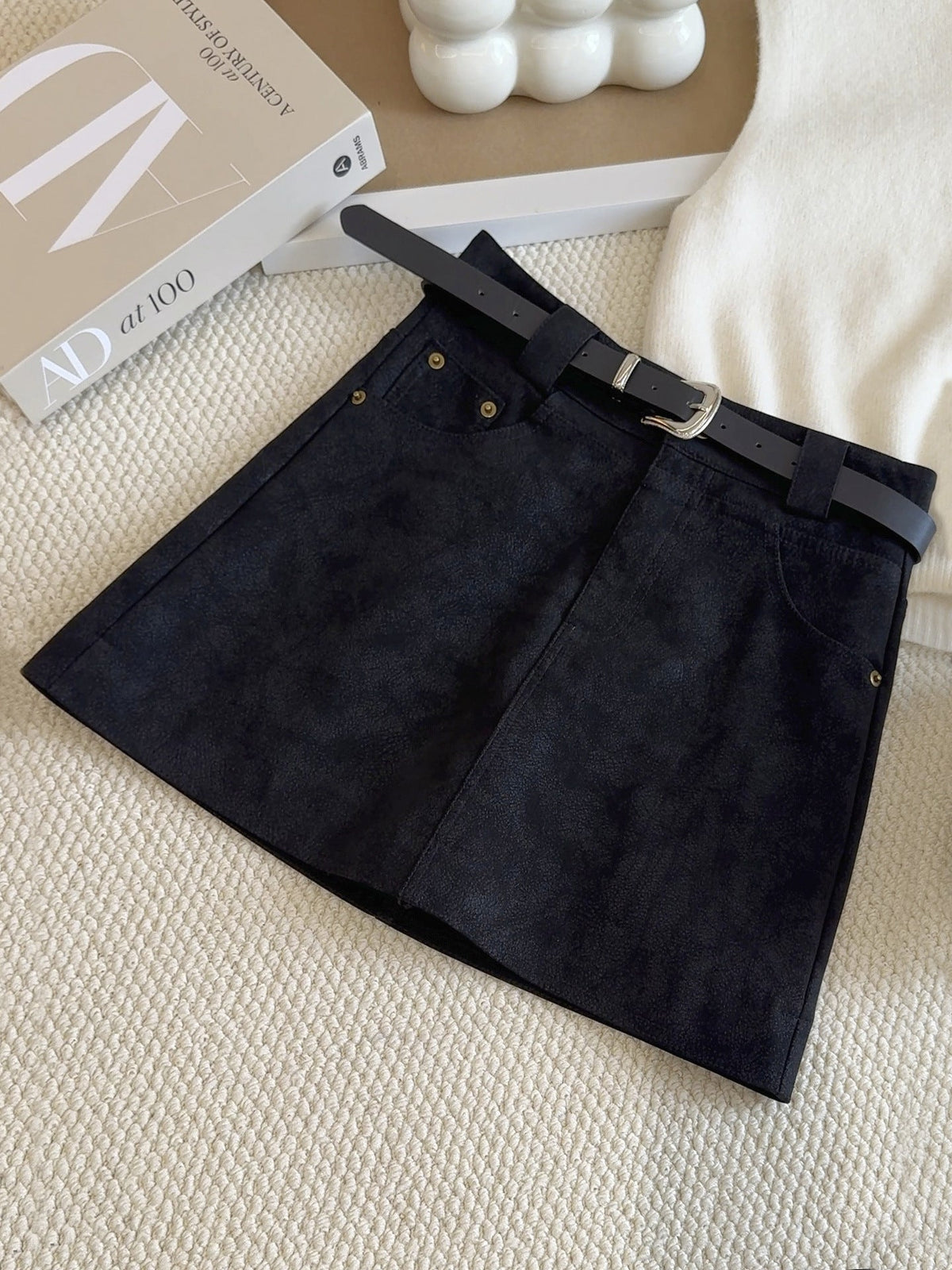 Faux Leather Skirt Women Autumn High Waist Slimming Anti Emptied Hip Bag A line Skirt With a belt included