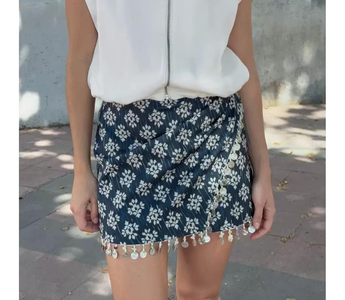 Women Clothing Fashionable Beaded Printing High Waist Casual Skirts