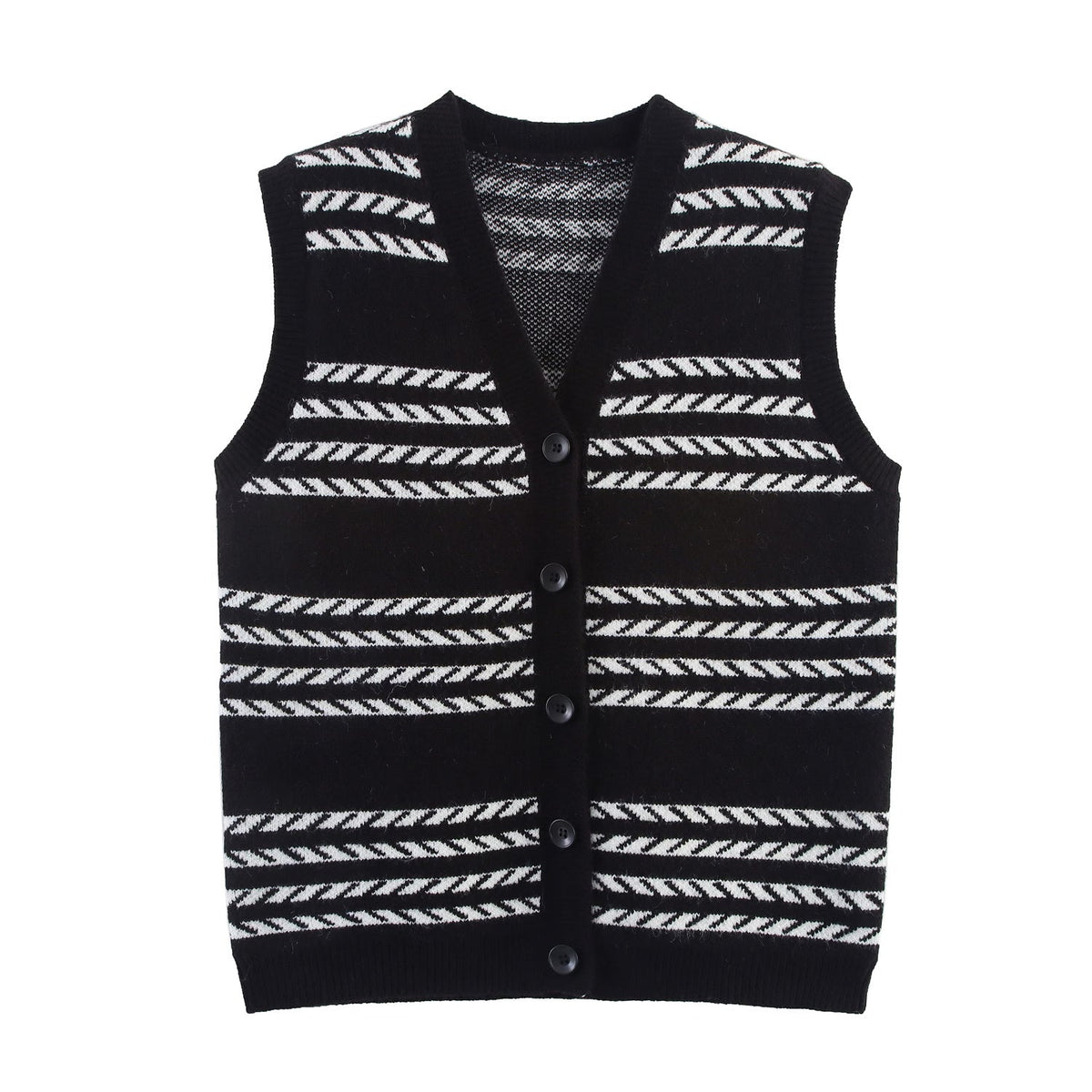 Women Clothing Autumn Black White Striped V neck Knitted Sleeveless Loose Fitting Waistcoat Vest