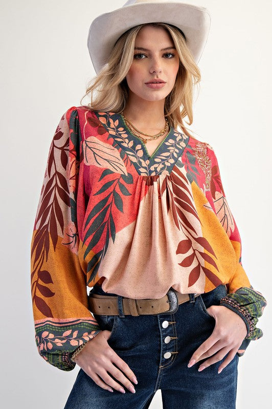 Autumn Women Clothing Printed Ladies V neck Long Sleeve Shirt Loose Pullover Top