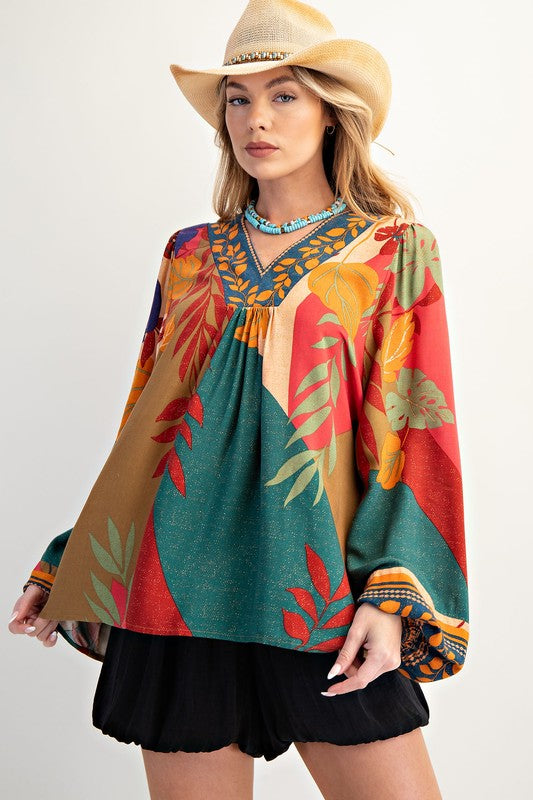 Autumn Women Clothing Printed Ladies V neck Long Sleeve Shirt Loose Pullover Top