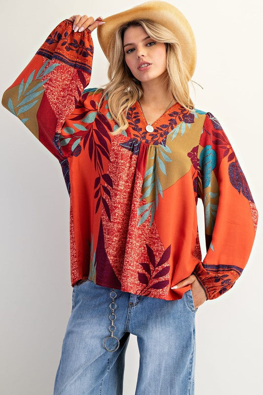 Autumn Women Clothing Printed Ladies V neck Long Sleeve Shirt Loose Pullover Top