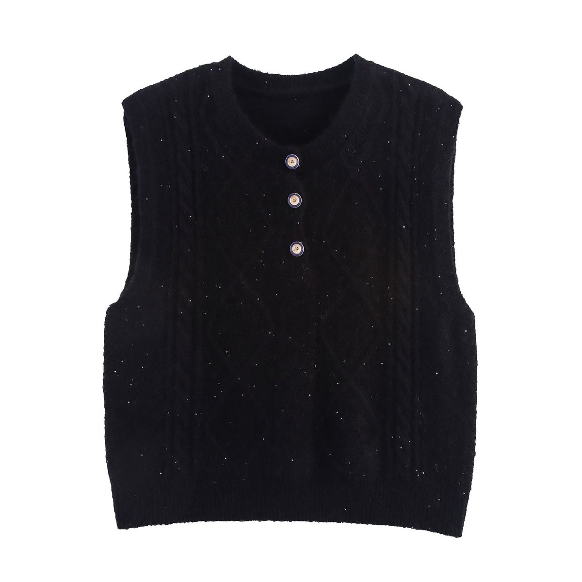Women Clothing Autumn Sequined Diamond round Neck Half Cardigan Knitted Vest