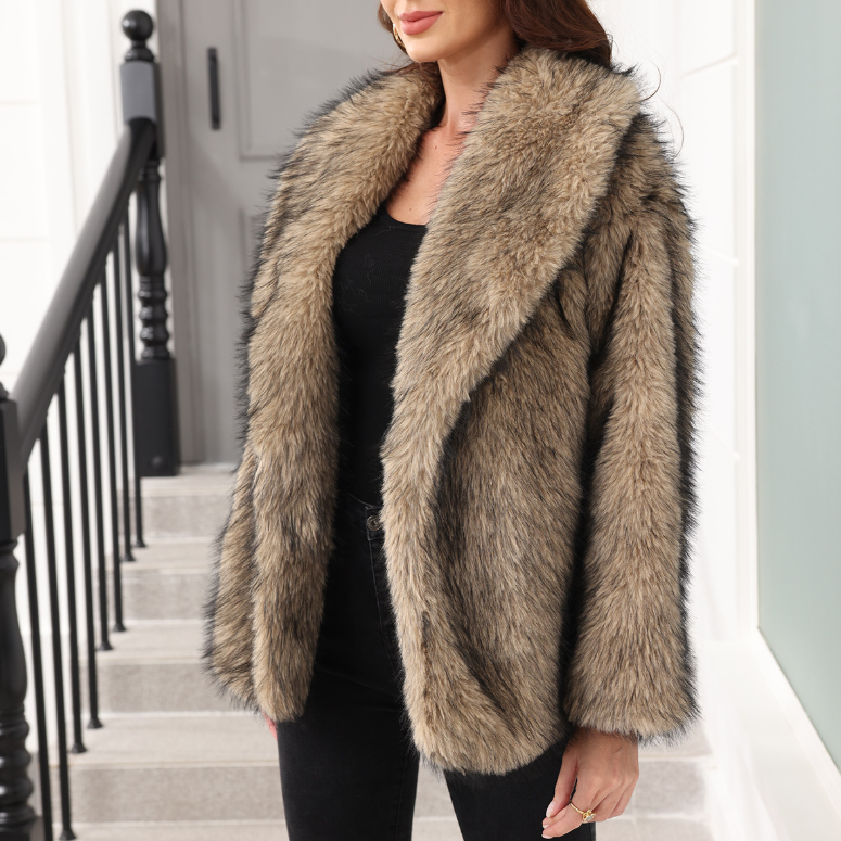 Faux Fur with Belt Mid Length Coat Trend Women Clothing Warm Thick Fluff Long Sleeve Coat
