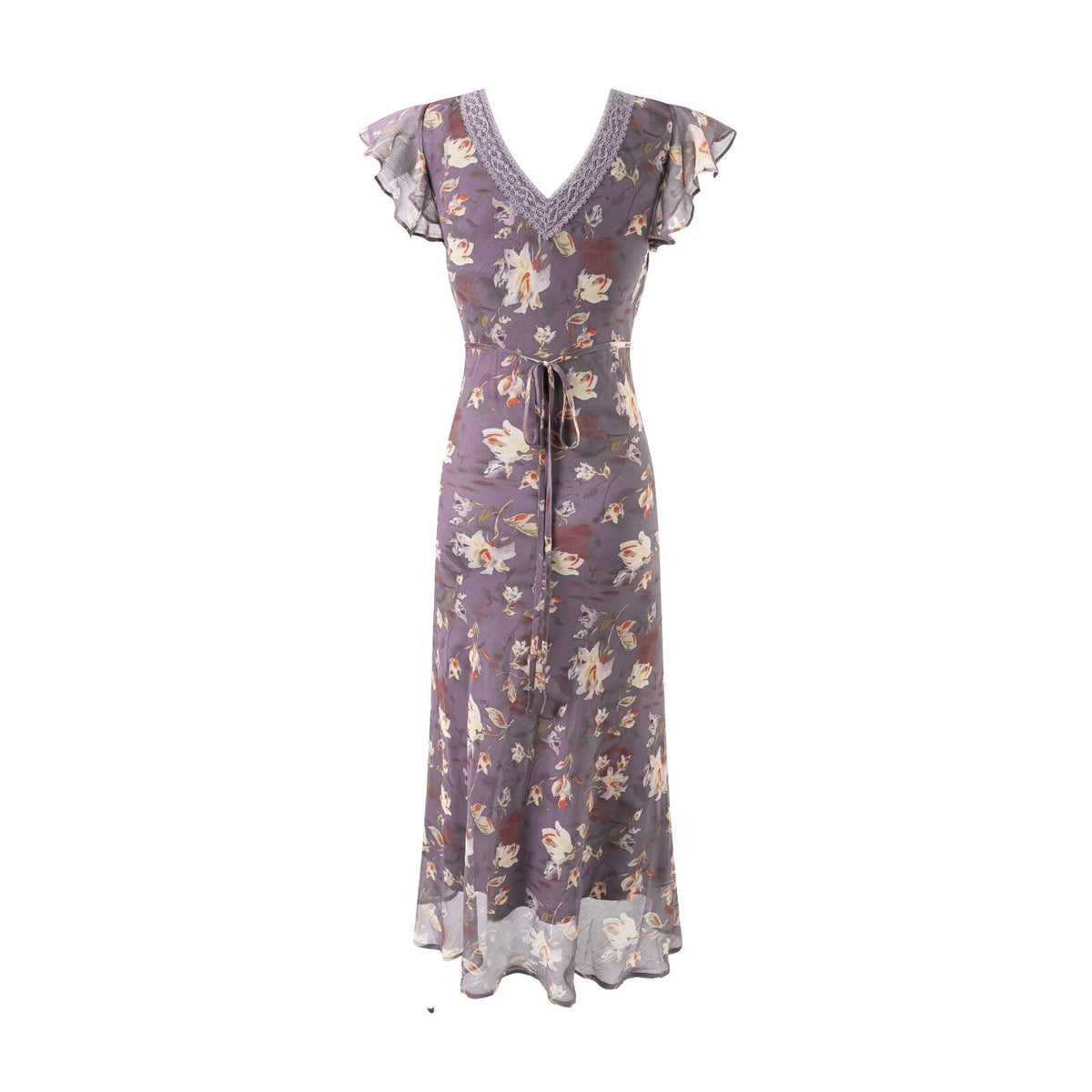 Summer Elegant Romantic Flying Sleeve Lace V neck Patchwork Long Floral Slim Fitting Dress