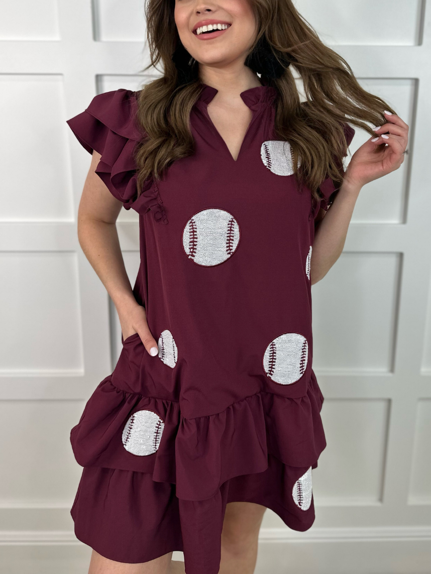 Summer Dress Baseball Sequined Embroidered Ruffled Double Sided Dress