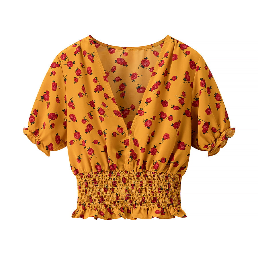 Summer Wind Women Floral V neck Waist Trimming Short Shirt