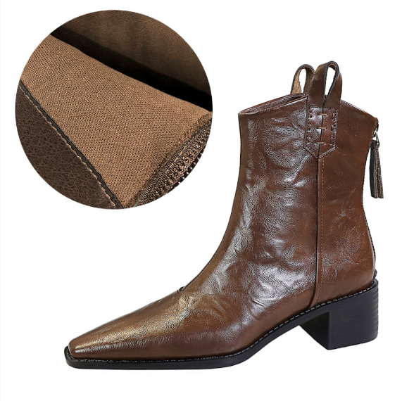 Retro Grip Pattern Winter Boots Women Boots Chunky Heel Pointed Toe Knight Boots Bootie