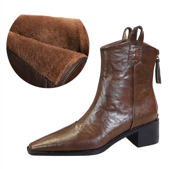 Retro Grip Pattern Winter Boots Women Boots Chunky Heel Pointed Toe Knight Boots Bootie