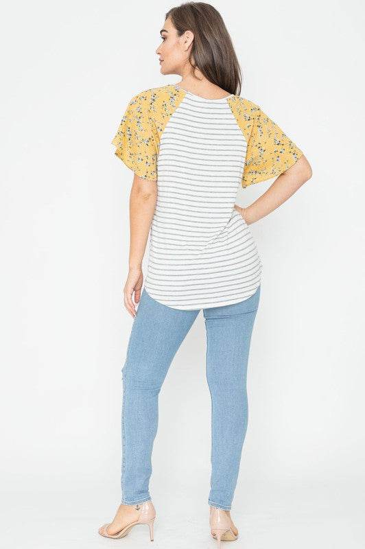V Neck Stripe Floral Sleeve Tunic