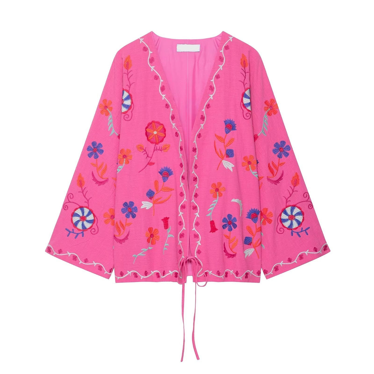 Women Clothing Autumn Loose Embroidered Cardigan Tie Front Top