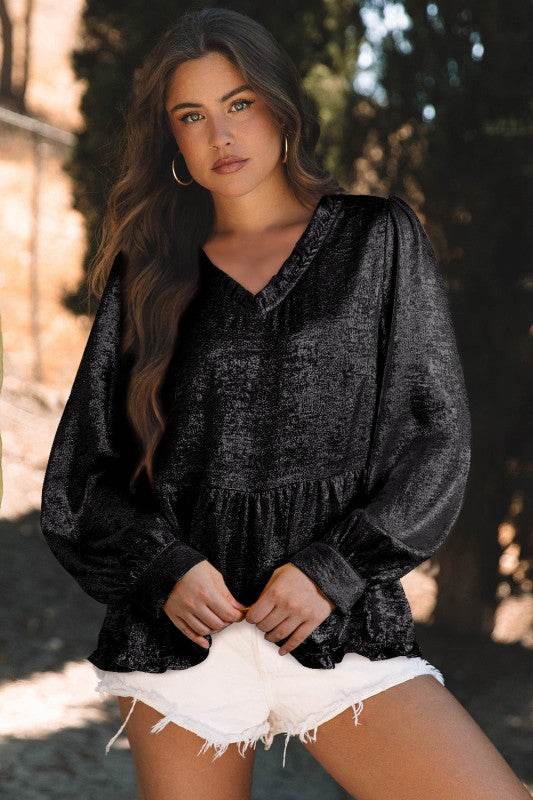 Metallic Frilled V Neck Puff Sleeve Babydoll Blous