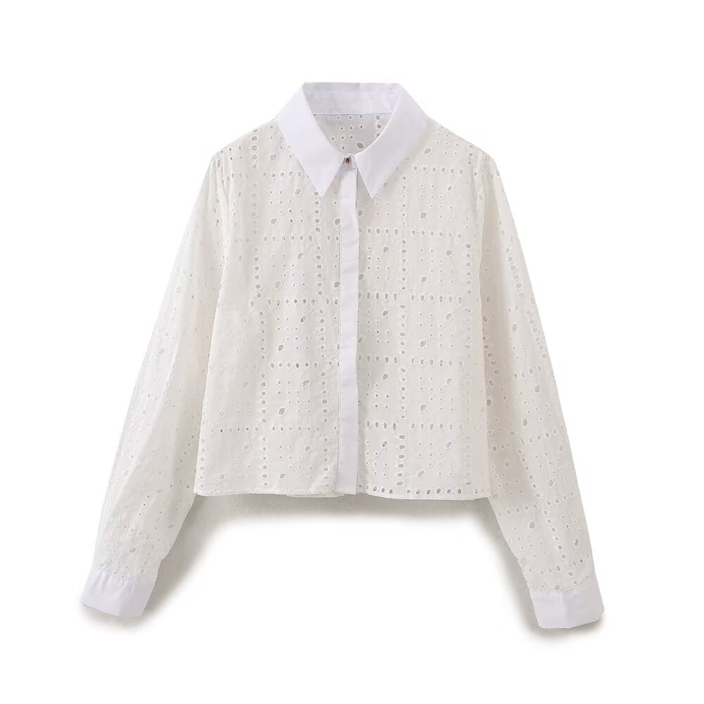Fall Women Clothing Fashionable Simple Hollow Out Cutout Embroidered Shirt