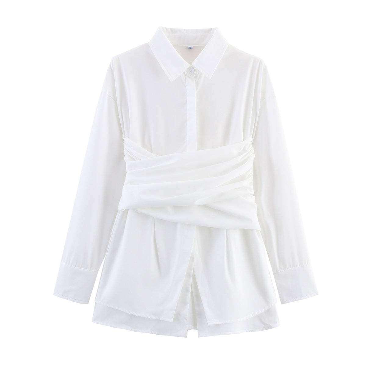 Women Solid Color Tied Pleated Shirt Faux Two Pieces Shirts