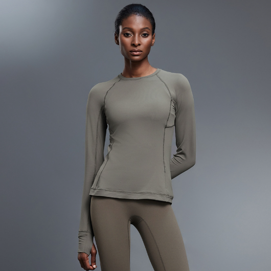 Round Neck Exercise T shirt Women Stretch Tight Long Sleeve Yoga Wear Running Training Workout Clothes Top Autumn