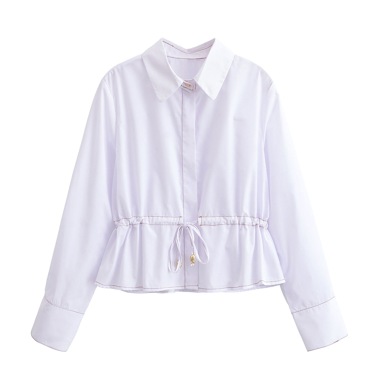 Fall Women Clothing Street Special Interest Drawstring Waist Controlled White Long Sleeve Shirt